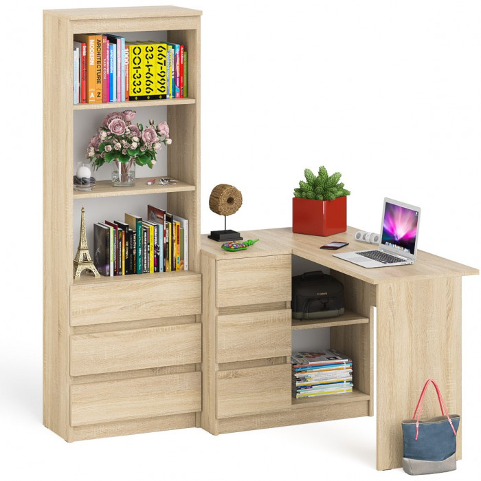 Мори компьютерный стол МС-16 левый + Стеллаж МСТ600.3, дуб сонома