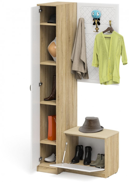 Прихожая П-6 Компоновка № 41, цвет дуб сонома/фасады МДФ белое дерево фрезеровка ромб, ШхГхВ 90х50х210 см., универсальная сборка