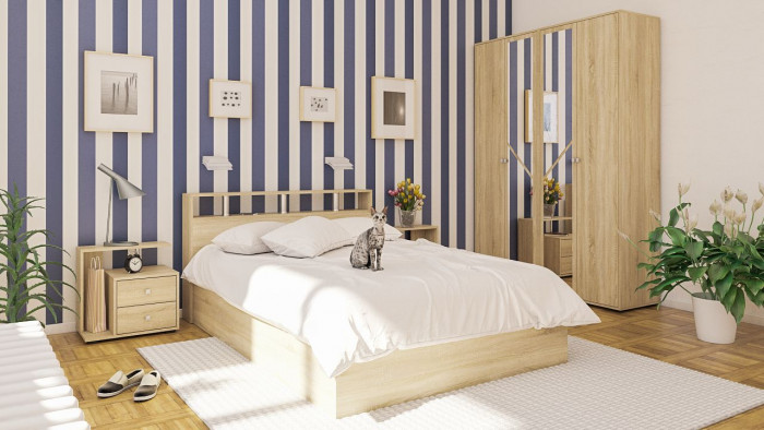 Камелия спальня № 1 Кровать 1400 + Две тумбы + Шкаф 4-х створчатый, цвет дуб сонома, сп.м. 1400х2000 мм., б/м, основание есть