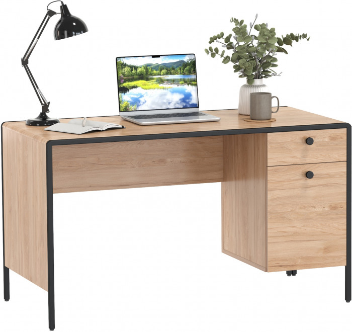 Брюс Стол письменный 12.157, цвет чёрный/Battle rock Santiago/столешница МДФ ель карпатская, ШхГхВ 130х62,6х75 см., универсальная сбока