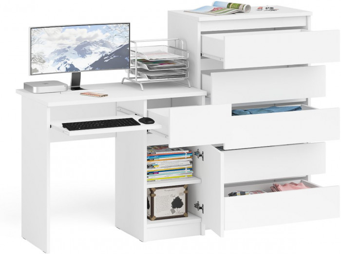 Мори Стол компьютерный МС-1 правый + Комод МК700.5, цвет белый, ШхГхВ 160,4х50х114 см., выдвижной ящик справа, НЕ универсальная сборка