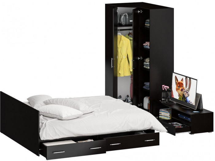 Спальня Стандарт 4-1800Я, венге/фасады ТВ тумбы МДФ чёрный глянец