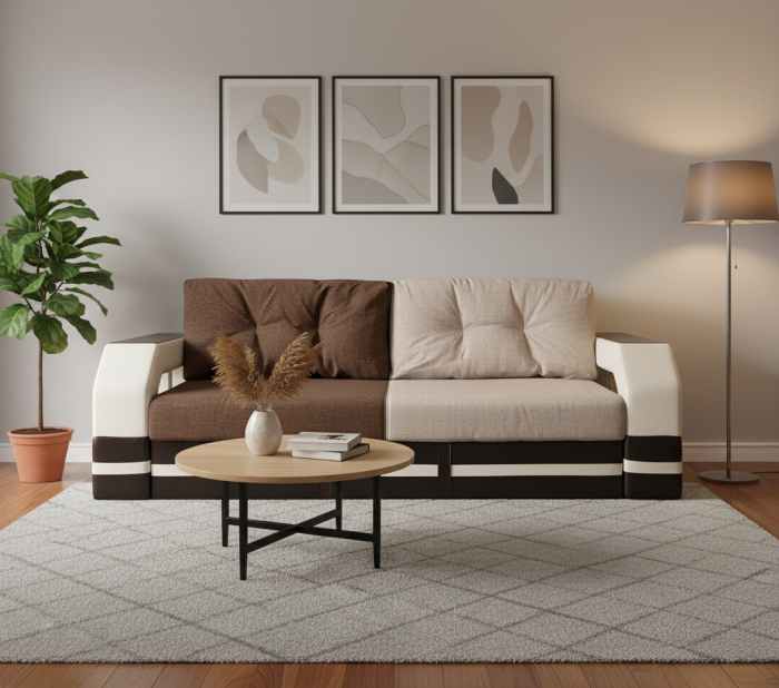 Диван-еврокнижка Манчестер, пружинный блок, 150х195, велюр/экокожа бежево-коричневый