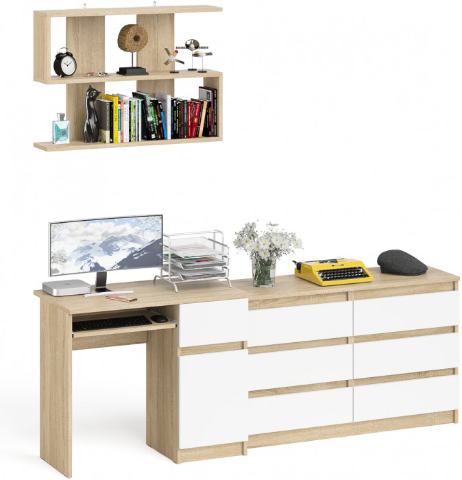Мори компьютерный стол МС-1 правый + Комод МК1200.6 + Полка 900, дуб сонома/белый