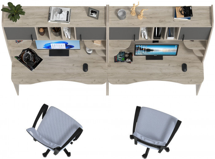 Два стола рабочих 6-0604 Бета + два кресла 103 серых, цвет дуб крафт серый/графит, ШхГхВ 240х60,5х183,5 см.