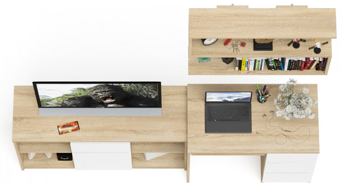 Мори компьютерный стол МС-6 правый + Тумба МТВ1204.1 + Полка 900, дуб сонома/белый