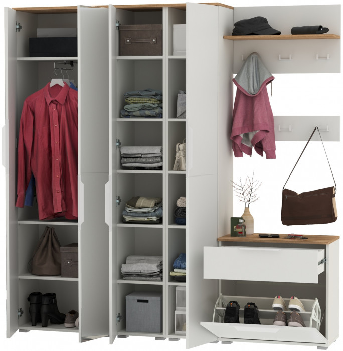 Октава Прихожая 31, белый шагрень/дуб крафт золотой/фасады МДФ белый шагрень