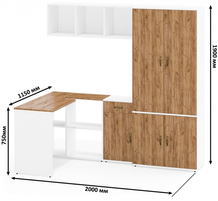 Лидер-8 Стол + Полка + Тумба МД 3.15 + Шкаф МД 20Б, цвет белый шагрень/крафт золото, ШхГхВ 285х50/37,5х75/190 или 115х200/50х75/190 см., НЕ ун. сб.