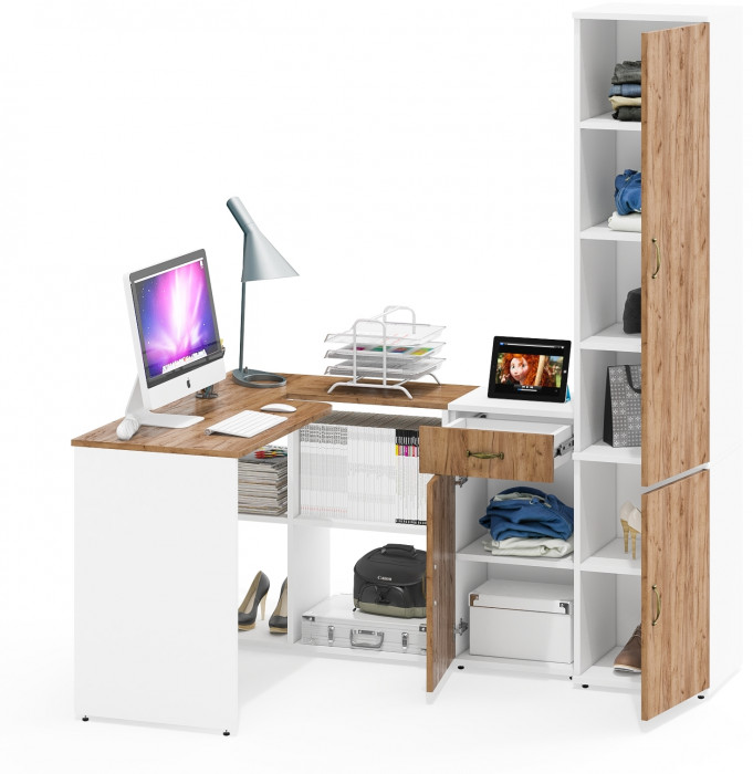 Лидер-8 Стол + Тумба МД 3.15 + Пенал МД 22Б, цвет белый шагрень/крафт золото, ШхГхВ 245х50/37,5х75/190 или 115х160/50х75/190 см., НЕ ун. сборка