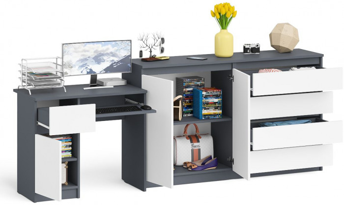 Мори Стол компьютерный МС-1 левый + Комод МК1600.1, цвет графит/белый, ШхГхВ 250,4х50х94 см., выдвижной ящик слева, НЕ универсальная сборка