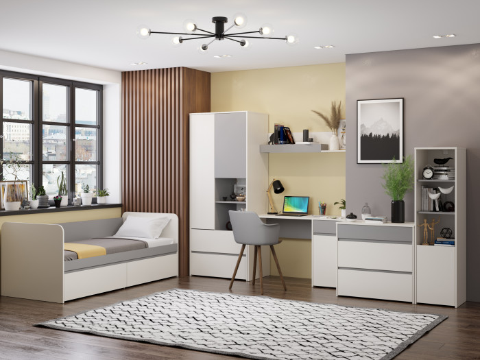 Торонто Компоновка № 27, цвет белый шагрень/стальной серый, сп. м. 800х1900 мм., б/м, основание есть, универсальная сборка