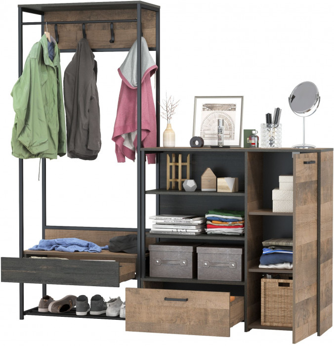 Трувор 15.120 Прихожая + 13.307.01 Комод, цвет дуб гранж песочный/интра, ШхГхВ 189х36,9х194,2 см., универсальная сборка