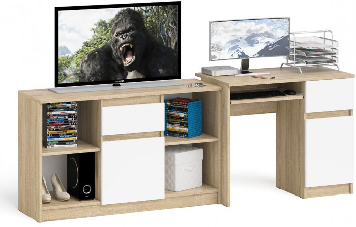 Мори компьютерный стол МС-1 правый + Тумба МТВ1204.1, дуб сонома/белый