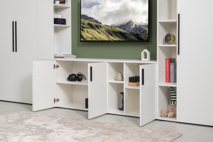 Эйр Гостиная 16.55 Тумба под ТВ, цвет белый шагрень, ШхГхВ 140х38,3х62,7 см., универсальная сборка