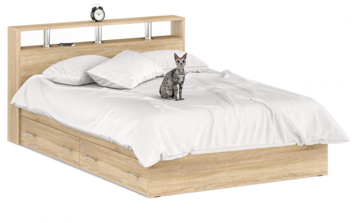 Камелия спальня № 8 Кровать с ящиками 1400 + Две тумбы + Шкаф 4-х створчатый, цвет дуб сонома, сп.м. 1400х2000 мм., б/м, основание есть