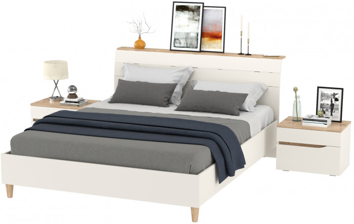 Муссон Кровать 11.41 + ортопед + 2 х Тумба 16.03, цвет белый/дуб эндгрейн элегантный, сп. м. 1600х2000 мм., б/м