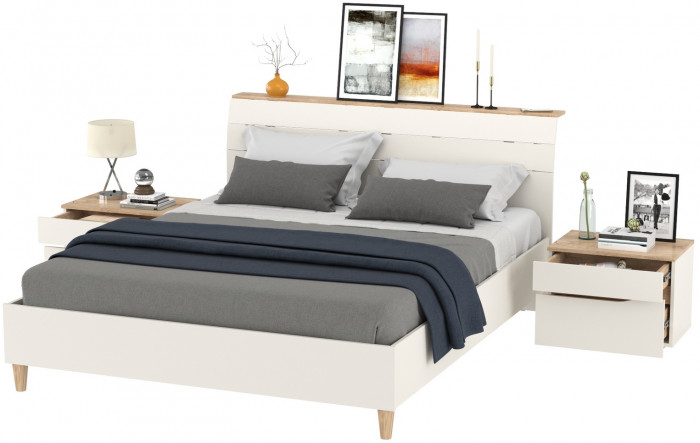 Муссон Кровать 11.41 + ортопед + 2 х Тумба 16.03, цвет белый/дуб эндгрейн элегантный, сп. м. 1600х2000 мм., б/м