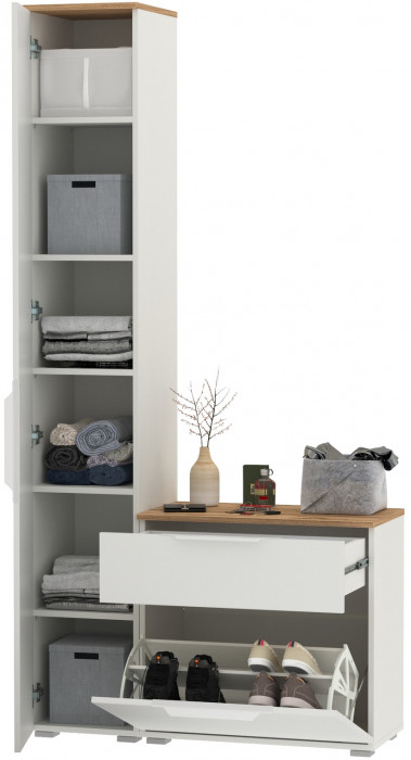 Октава Прихожая 13, цвет белый шагрень/дуб крафт золотой/фасады МДФ белый шагрень, ШхГхВ 97,1х35,4х197,6 см., универсальная сборка