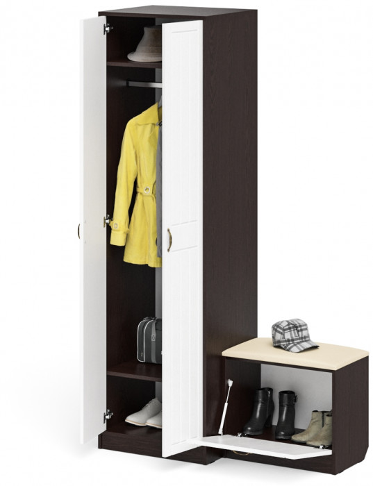 Прихожая П-6 Компоновка № 10, цвет венге/фасады МДФ белое дерево фрезеровка прованс, ШхГхВ 120х50х210 см., универсальная сборка