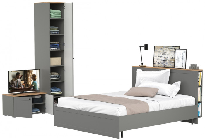 Остин 11.53 Кровать + ортопед + 13.225 Шкаф-пенал + 13.257 Тумба, серый графит/дуб крафт золотой