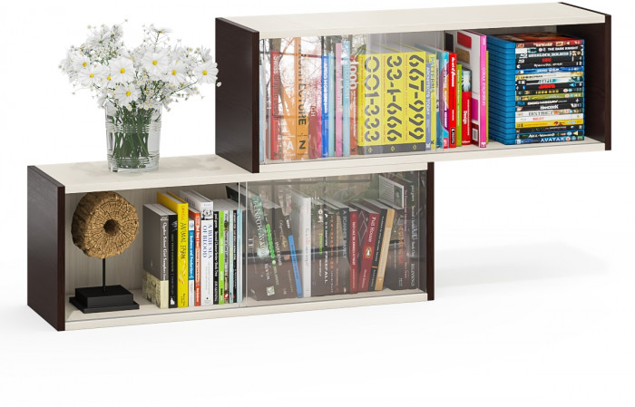 Две полки книжных С-МД-КН01, цвет венге/дуб, ШхГхВ размер каждой полки в отдельности: 83х25х30 см., стеклянные дверцы