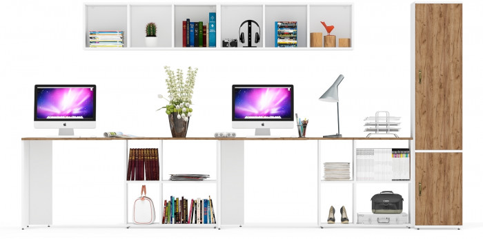 Лидер-8 Стол + Полка + Стол + Полка + Пенал МД 23Б, белый шагрень/крафт золото