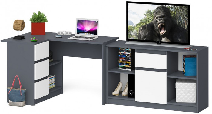 Мори Стол компьютерный МС-16 левый + Тумба МТВ1204.1, цвет графит/белый, ШхГхВ 244,8х84,9х76,6 см., выдвижные ящики слева, НЕ универсальная сборка