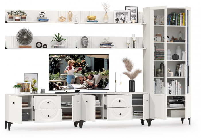 Валенсия Гостиная № 084, ЛДСП белый шагрень/МДФ белый шагрень