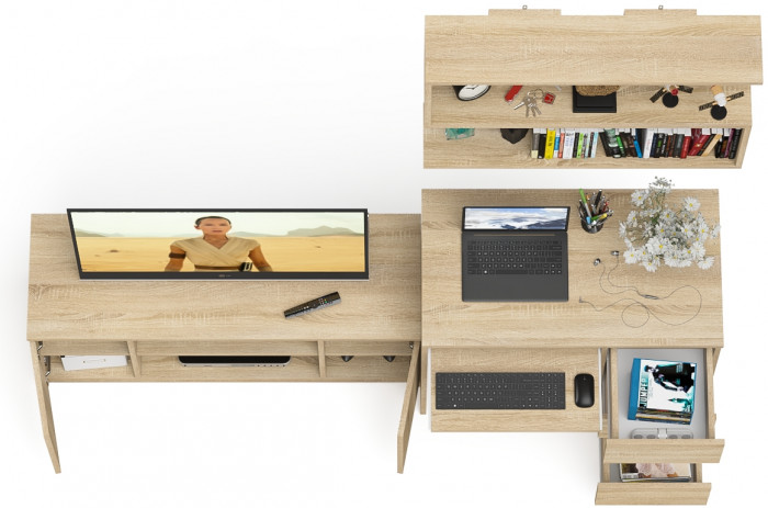 Мори Стол компьютерный МС-6 правый + Тумба МТВ1200.1 + Полка 900, цвет дуб сонома, ШхГхВ 210,4х50х209,6 см., НЕ универсальная сборка