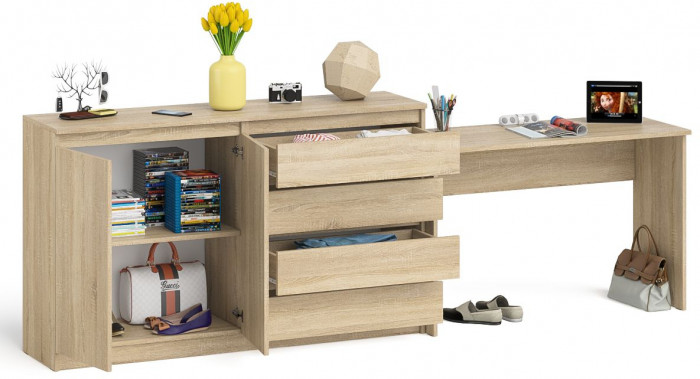 Мори Стол письменный МСП1200.1 + Комод МК1600.1, цвет дуб сонома, ШхГхВ 280,8х50х94 см., универсальная сборка