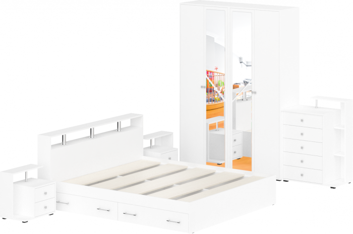 Камелия спальня № 11 Кровать с ящиками 1800 + Две тумбы + Комод + Шкаф 4-х створчатый, цвет белый, сп.м. 1800х2000 мм., б/м, основание есть