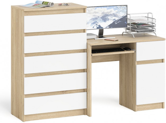 Мори Стол компьютерный МС-1 правый + Комод МК700.5, цвет дуб сонома/белый, ШхГхВ 160,4х50х114 см., выдвижной ящик справа, НЕ универсальная сборка