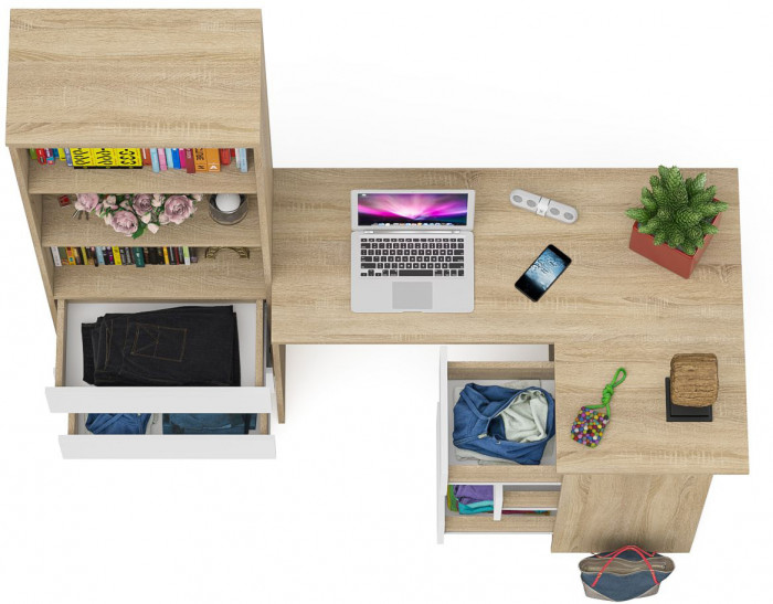 Мори Стол компьютерный МС-16 правый + Стеллаж МСТ600.3, цвет дуб сонома/белый, ШхГхВ 184,8х84,9х179,6 см., выдвижные ящики справа, НЕ универ. сборка