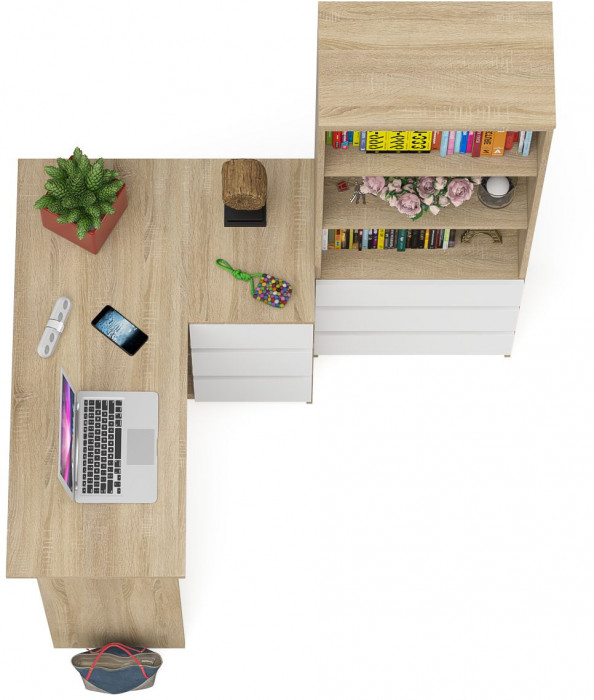 Мори Стол компьютерный МС-16 правый + Стеллаж МСТ600.3, цвет дуб сонома/белый, ШхГхВ 184,8х84,9х179,6 см., выдвижные ящики справа, НЕ универ. сборка