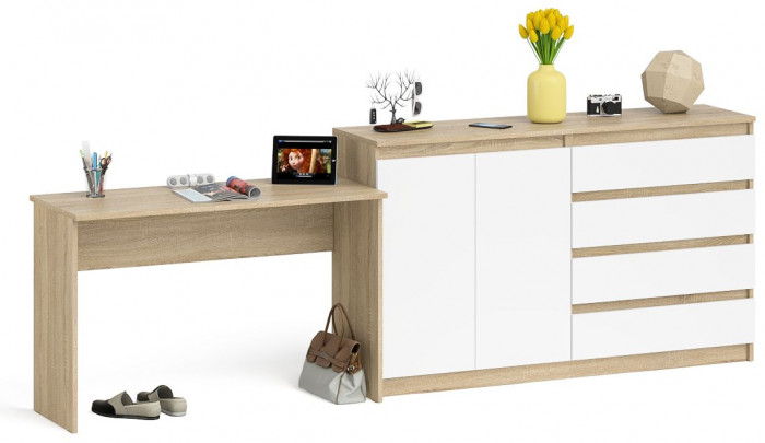 Мори Стол письменный МСП1200.1 + Комод МК1600.1, цвет дуб сонома/белый, ШхГхВ 280,8х50х94 см., универсальная сборка