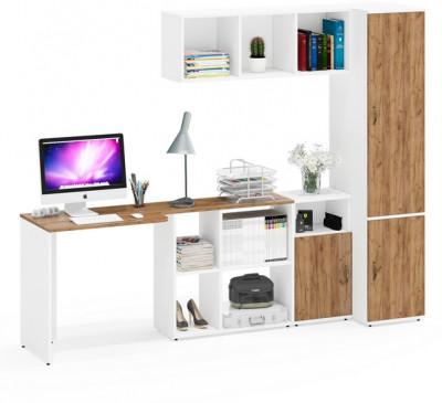 Лидер-8 Стол + Полка + Тумба МД 3.19 + Пенал МД 23Б, белый шагрень/крафт золото