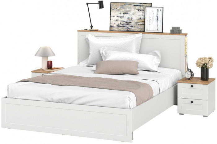 Остин 11.53 Кровать + ортопед + 16.152 Тумба 2 шт., белый шагрень/дуб крафт золотой