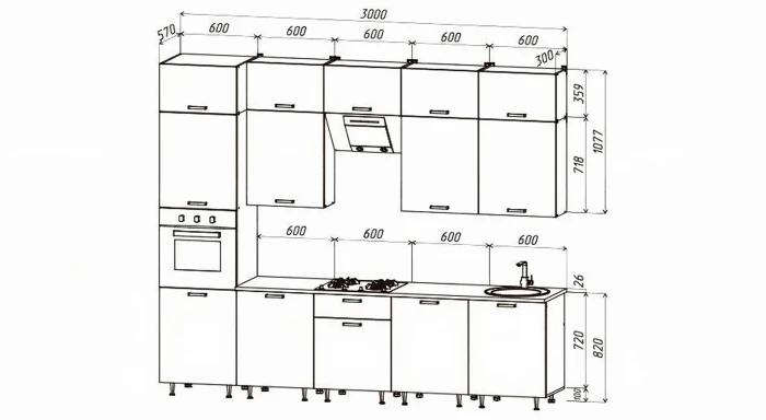 Кухня Рио NEW ЛДСП 3,0м/1080м (490) Компановка №3/1, Бетон светлый/Бетон темный, Графит