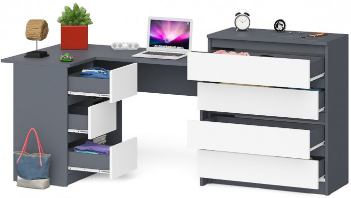 Мори Стол компьютерный МС-16 левый + Комод МК800.4, цвет графит/белый, ШхГхВ 204,8х84,9х94 см., выдвижные ящики слева, НЕ универсальная сборка