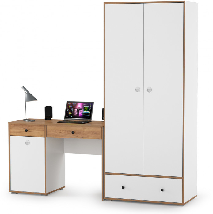 Вуди Компоновка № 21, цвет белый премиум/дуб крафт золотой, ШхГхВ 196х52,7х205 см., универсальная сборка