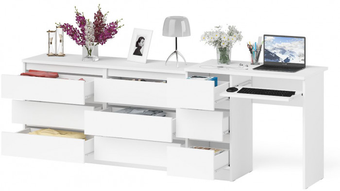 Мори Стол компьютерный МС-6 левый + Комод МК1380.6, цвет белый, ШхГхВ 228х50х76,6 см., выдвижные ящики слева, НЕ универсальная сборка