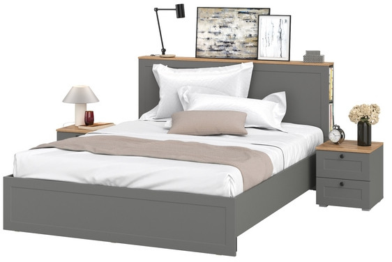 Остин 11.53 Кровать + ортопед + 16.152 Тумба 2 шт., серый графит/дуб крафт золотой