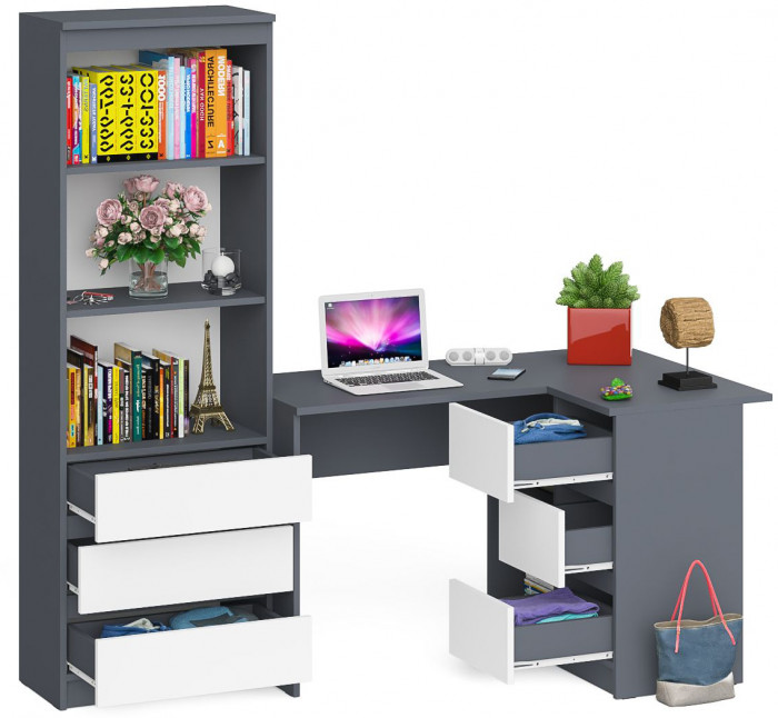 Мори Стол компьютерный МС-16 правый + Стеллаж МСТ600.3, цвет графит/белый, ШхГхВ 184,8х84,9х179,6 см., выдвижные ящики справа, НЕ универсальная сборка