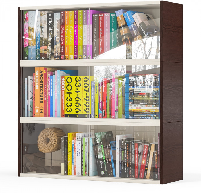 Три полки книжных С-МД-КН01, цвет венге/дуб, ШхГхВ размер каждой полки в отдельности: 83х25х30 см., стеклянные дверцы