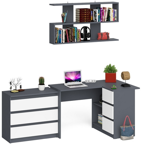 Мори компьютерный стол МС-16 правый + Комод МК800.1 + Полка 1200, графит/белый