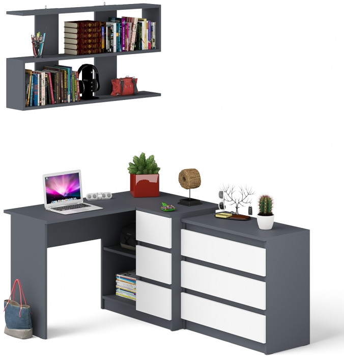 Мори компьютерный стол МС-16 правый + Комод МК800.1 + Полка 1200, графит/белый