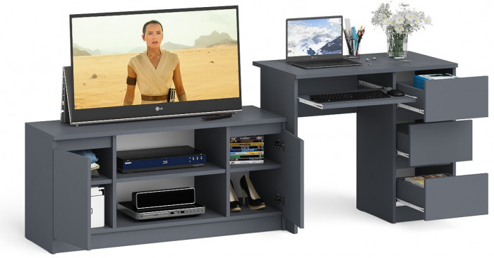 Мори Стол компьютерный МС-6 правый + Тумба МТВ1200.1, цвет графит, ШхГхВ 210,4х50х76,6 см., выдвижные ящики справа, НЕ универсальная сборка