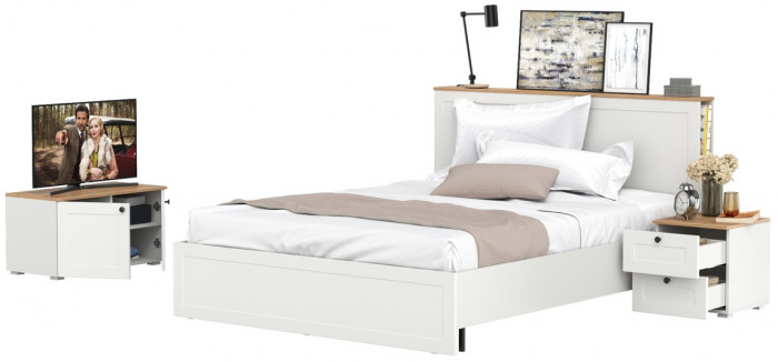 Остин 11.53 Кровать + ортопед + 16.152 Тумба прикроватная + 13.257 Тумба, белый шагрень/дуб крафт золотой