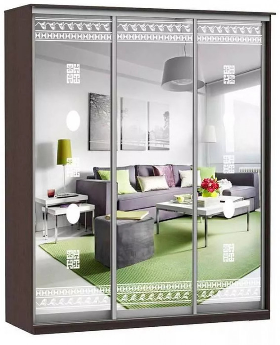 Шкаф купе Модерн 2076х600 3-х дверный 3-х секционный зеркальный с пескоструем №2 венге