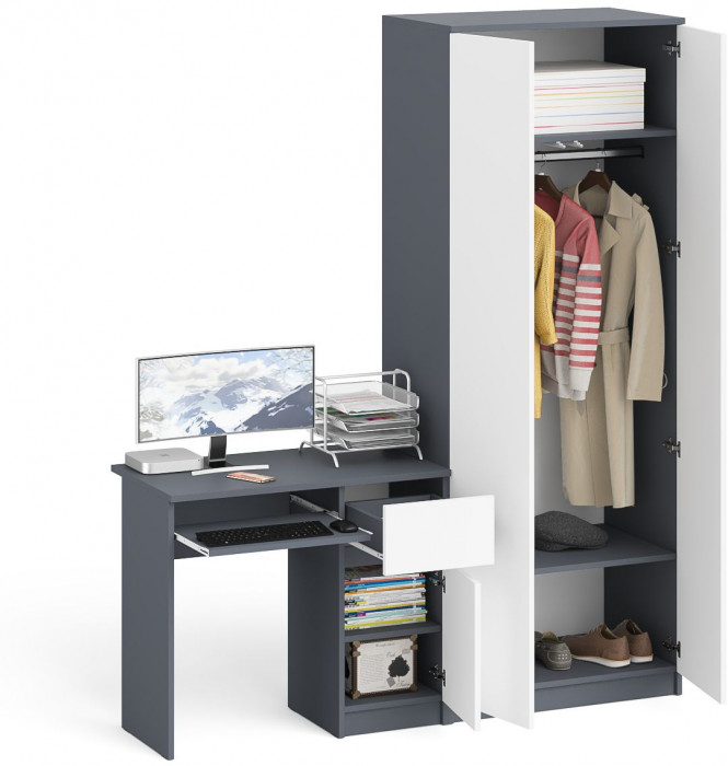 Мори Стол компьютерный МС-1 правый + Шкаф МШ800.1, цвет графит/белый, ШхГхВ 170,4х50,4х209,6 см., выдвижной ящик справа, НЕ универсальная сборка